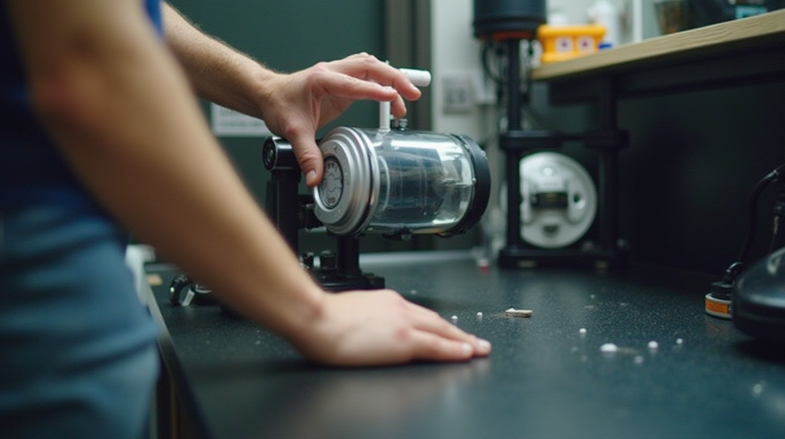A close-up shot focused on a pair of hands adjusting the water level and connections on a large protein skimmer unit near a workbench or pump setup.