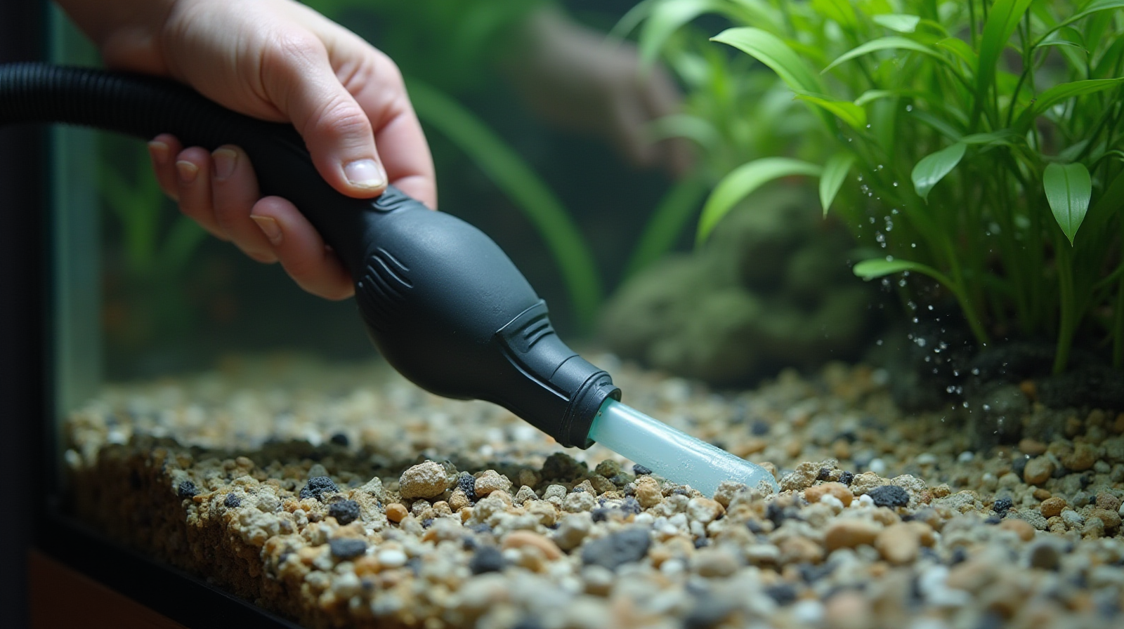 Close up on hands carefully using a siphon vacuum attached to an aquarium hose to clean debris from beneath visible gravel in a planted tank.