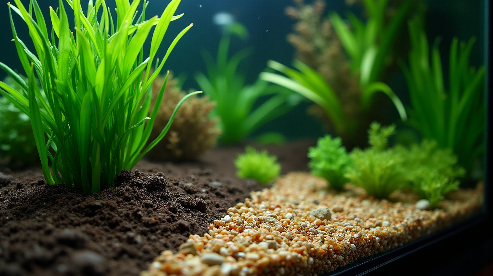 A medium shot of a newly planted, established freshwater aquarium showing varied visible substrates—some dark and rich looking like soil in one area, and lighter gravel bordering it elsewhere. A few bright green swords are prominently featured near the foreground glass.