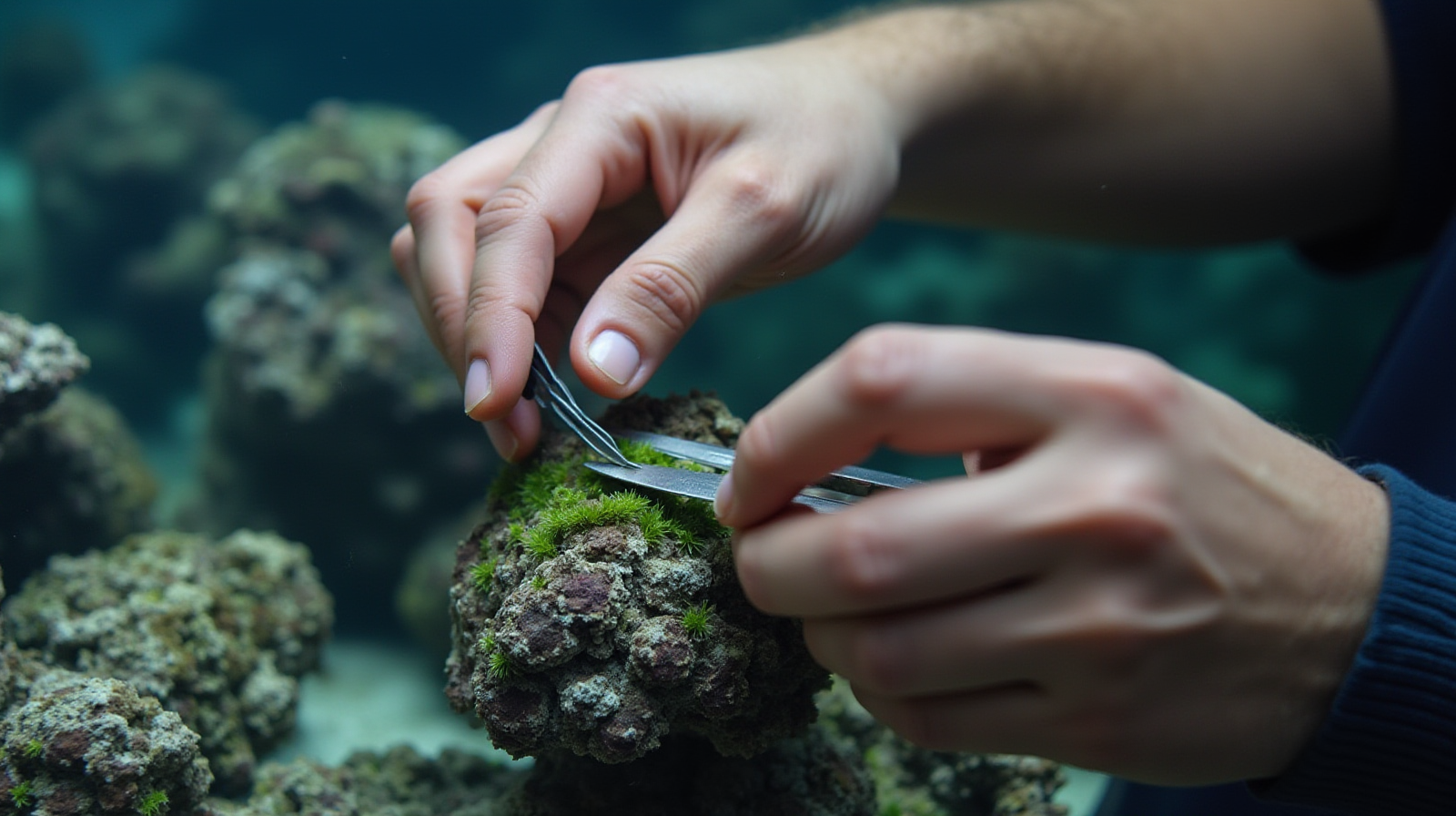 Close-up view of hands carefully using a small pair of aquarium tweezers to trim algae growth from rockwork in a reef tank.