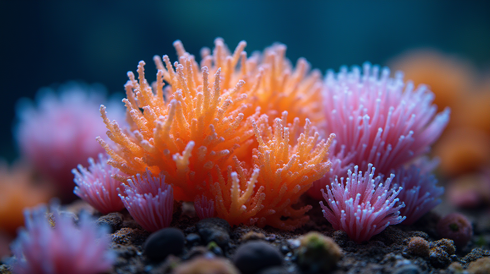 A clear photograph focusing on several different types of live coral polyps displaying vibrant colors and textures under good lighting equipment.