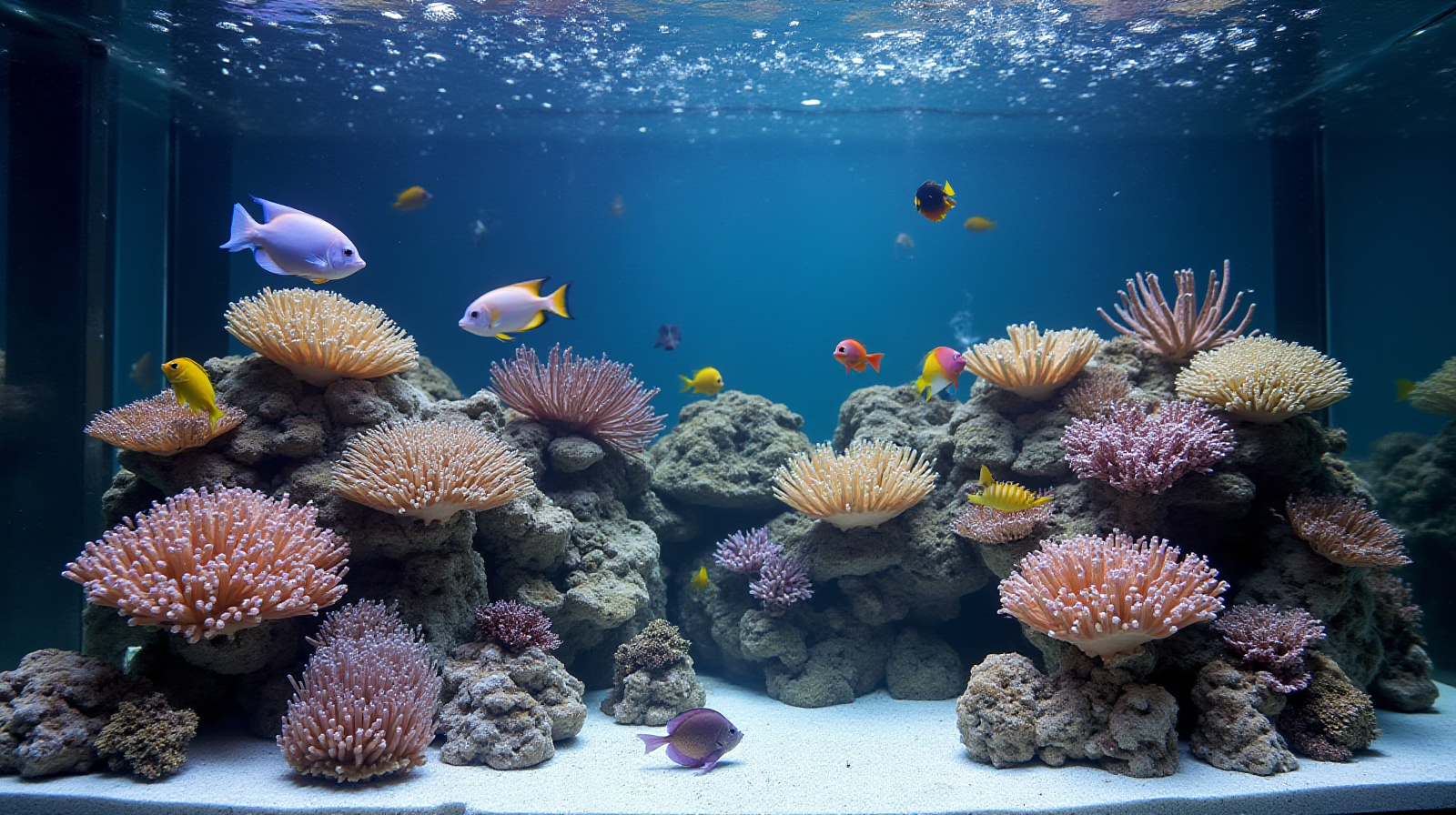 A wide establishing shot of a moderately stocked, mature reef tank showing diverse hard and soft corals alongside several brightly colored fish swimming naturally throughout the structure.