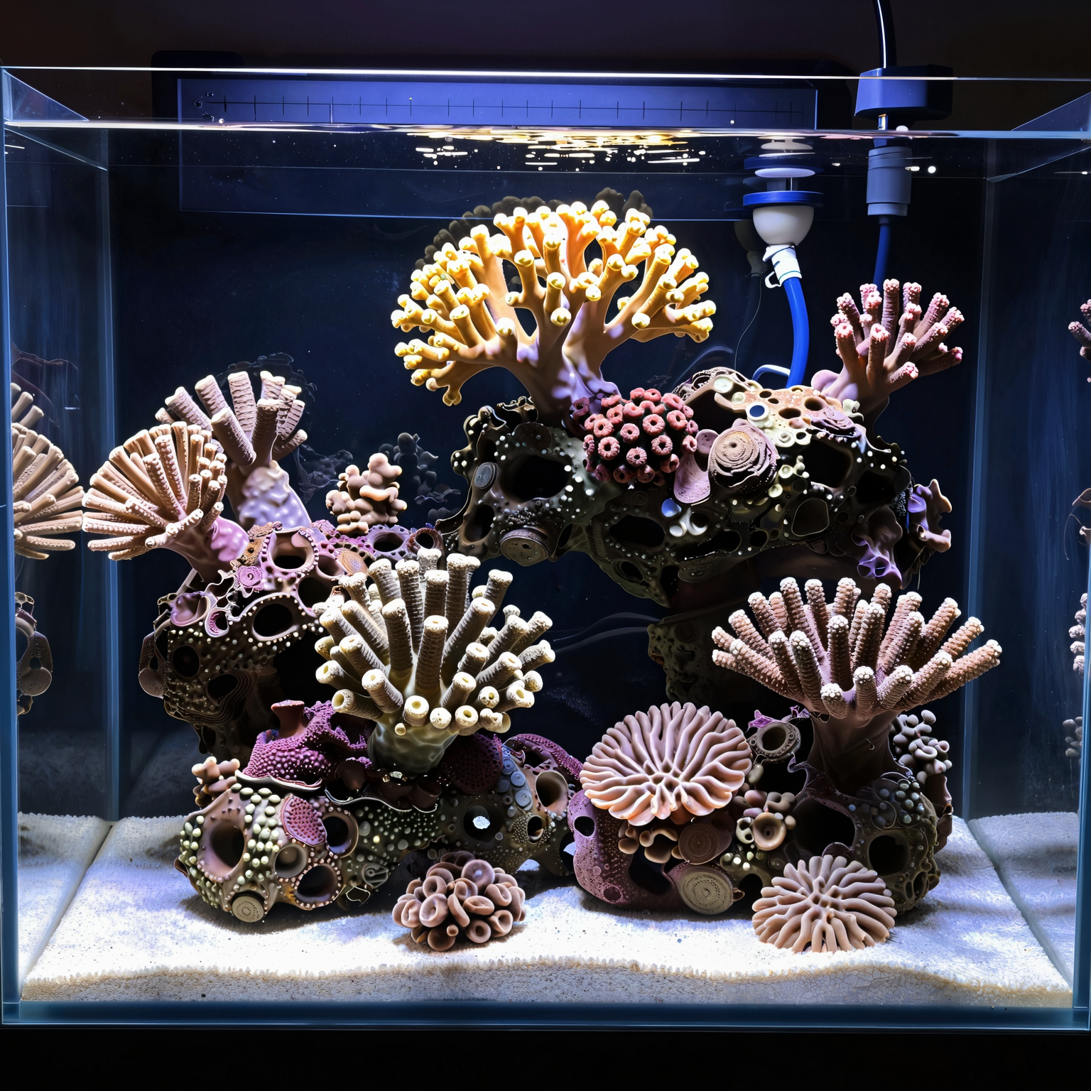 A medium-sized, well-lit home reef aquarium showing mixed corals and healthy rockwork with a dosing pump visible in the background.