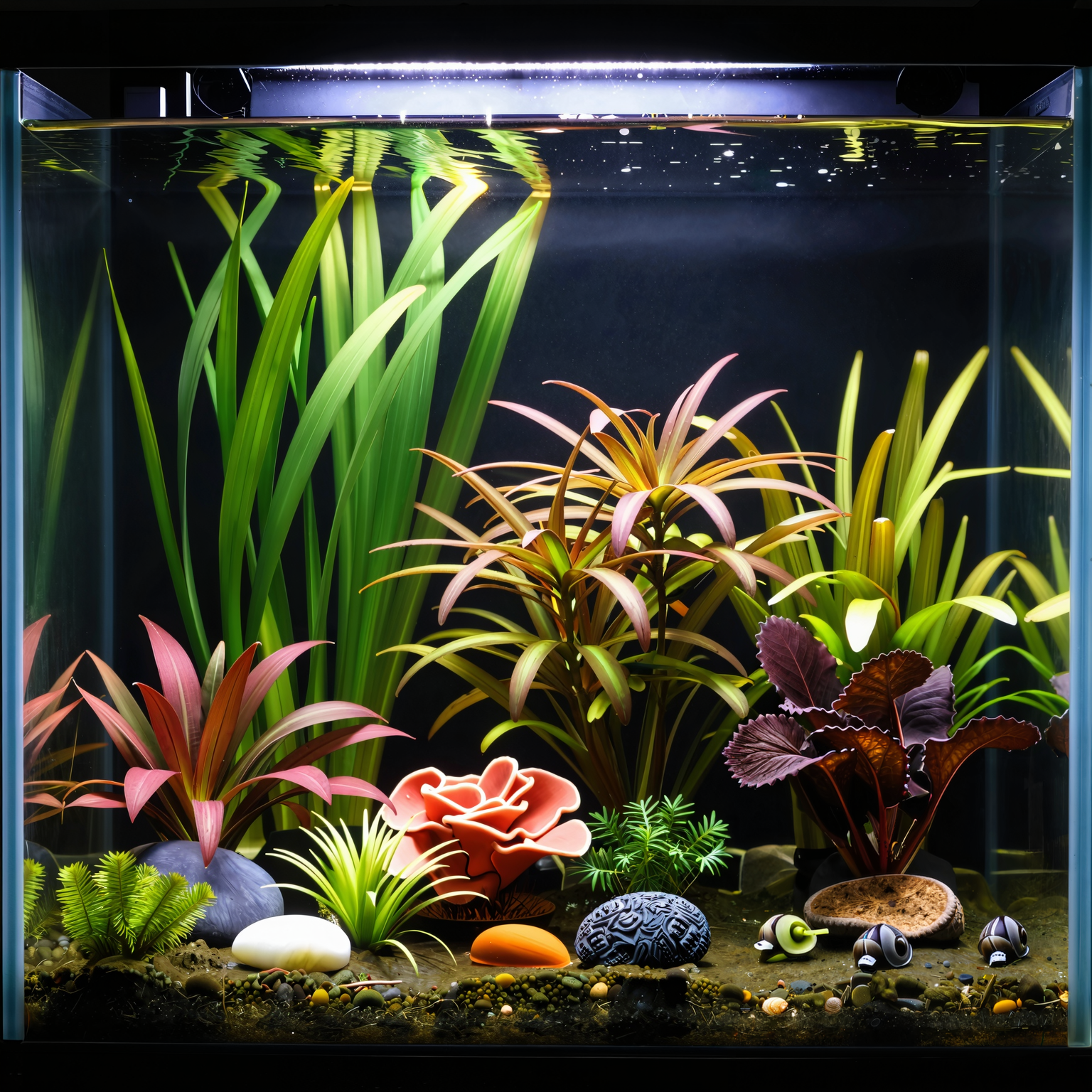 A medium shot of a healthy freshwater aquarium showing various types of colorful aquatic plants and some small, harmless snail trails on the glass.