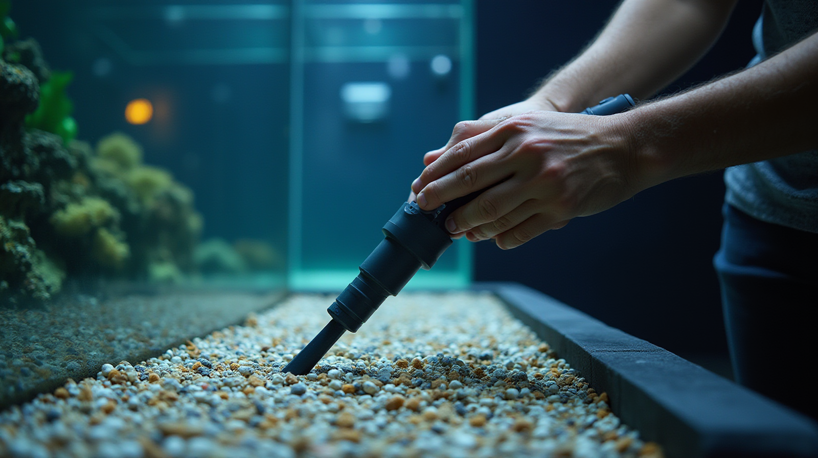 Hands using an adjustable siphon/gravel vacuum to clean substrate in the foreground of a reef tank.