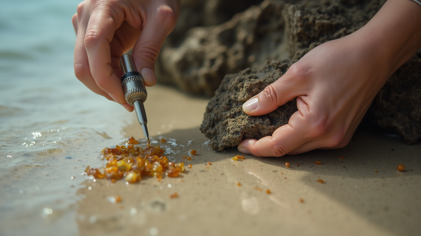 A close-up view showing hands using a pipette or small siphoning tool to clean detritus from the sandbed near a piece of live rock.