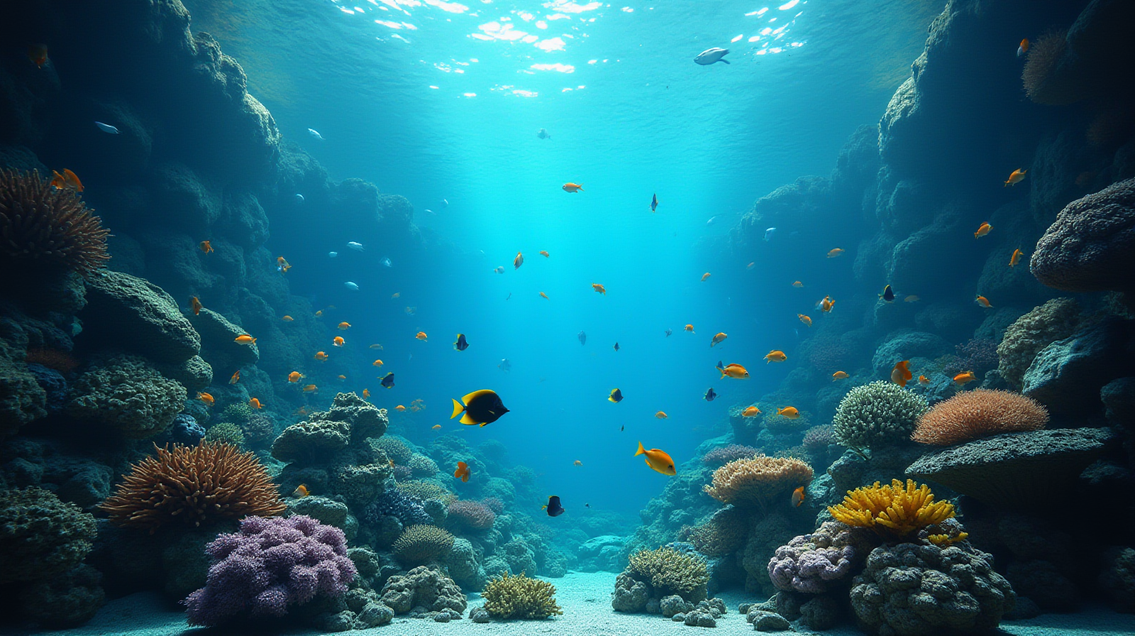 An overhead establishing shot looking down into a large, fully planted reef tank with varied height coral structures and swimming fish visible throughout.