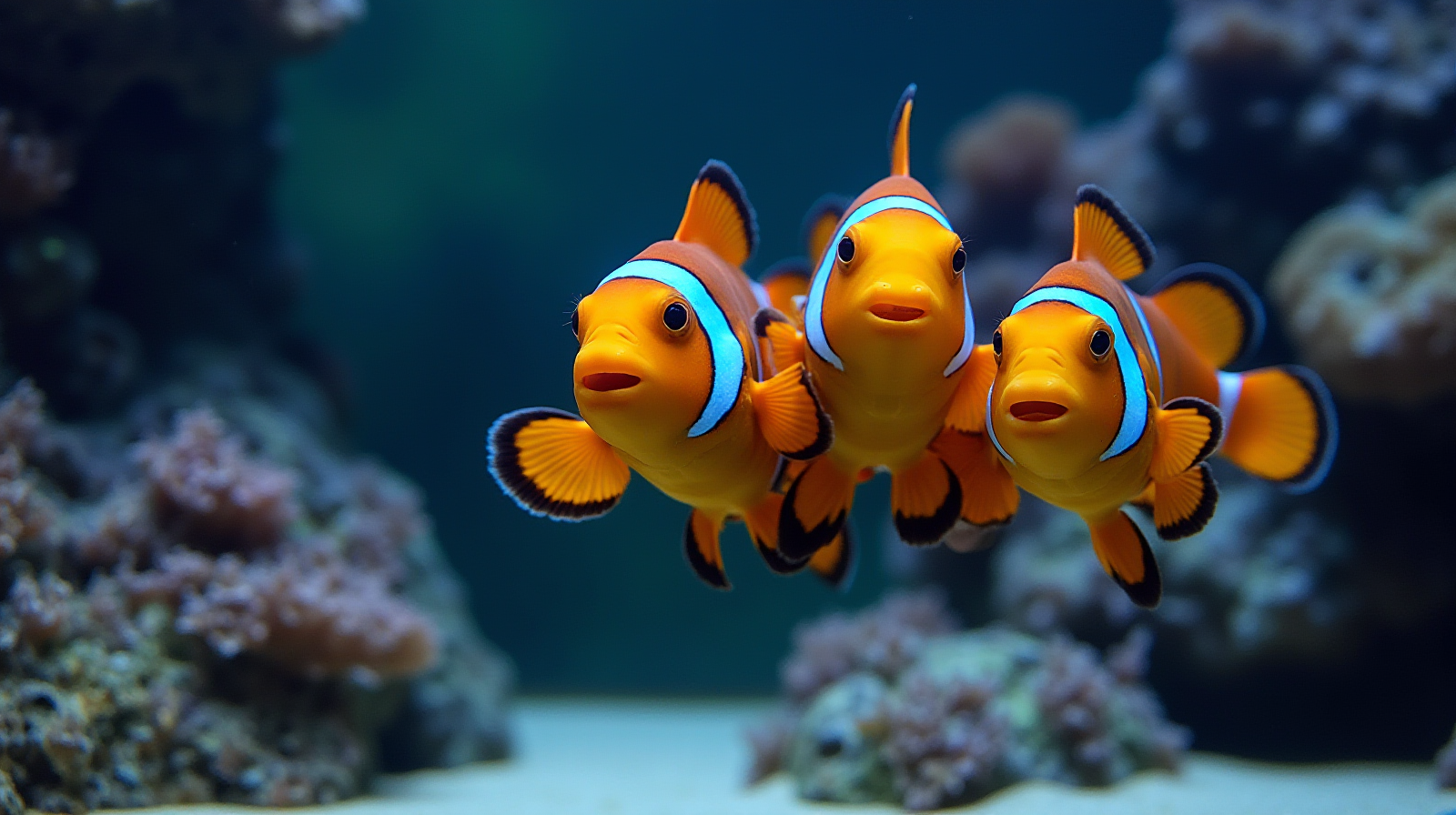 A medium shot of three colorful, healthy clownfish swimming together near some outcroppings of rockwork in a well-established reef aquarium.