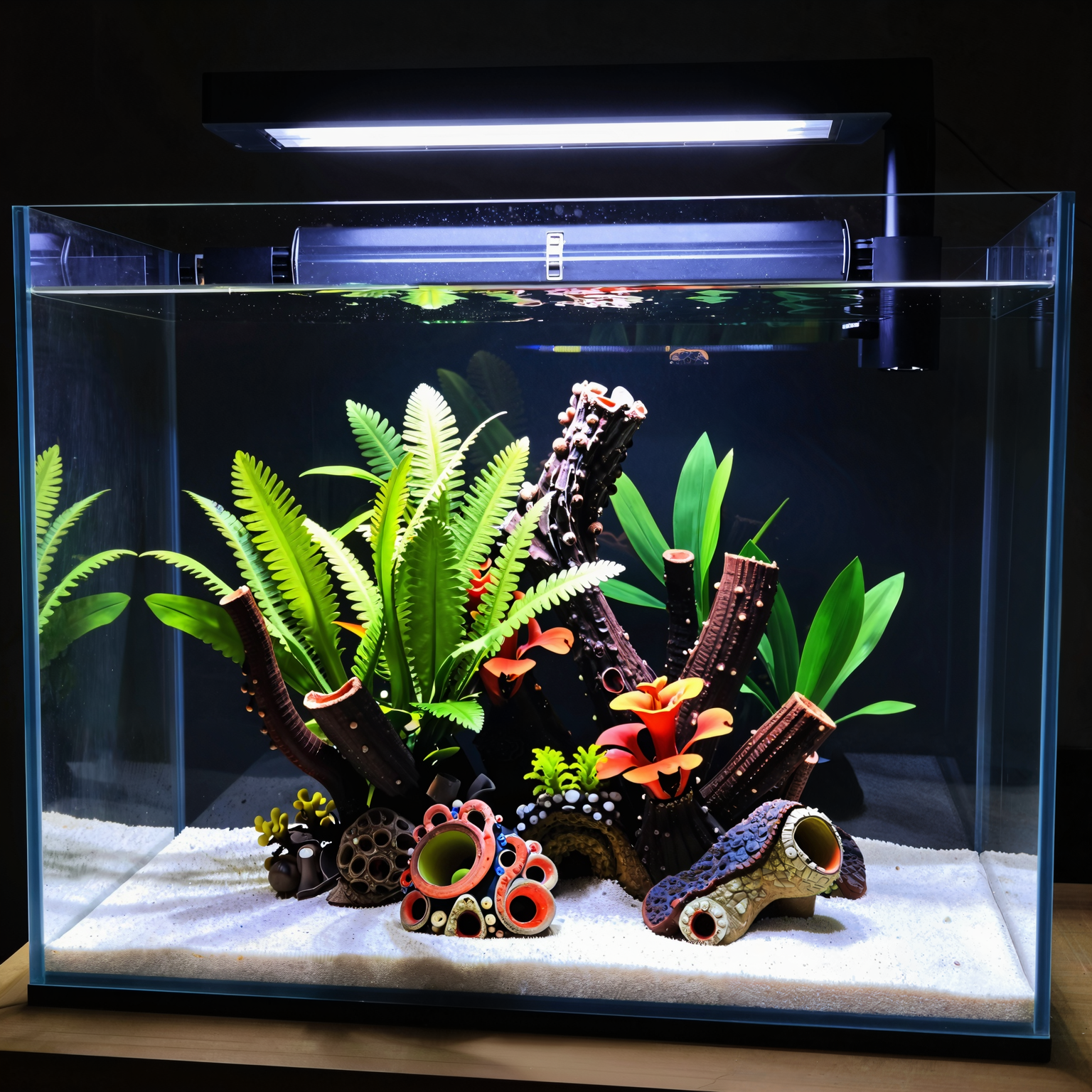 A small, well-maintained saltwater reef aquarium with visible hardscape and an upflow algae scrubber running quietly in the background.