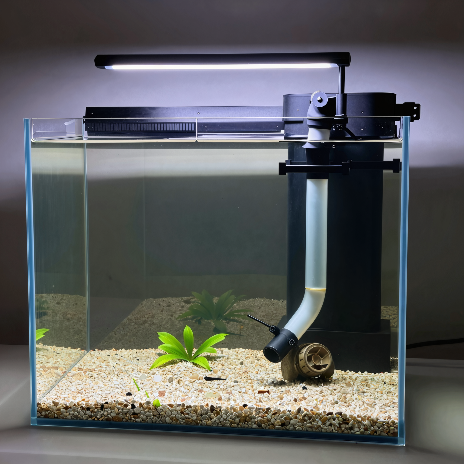 A medium-sized, planted freshwater aquarium showing visible gravel substrate and a basic intake pipe feeding into an undergravel filtration system.