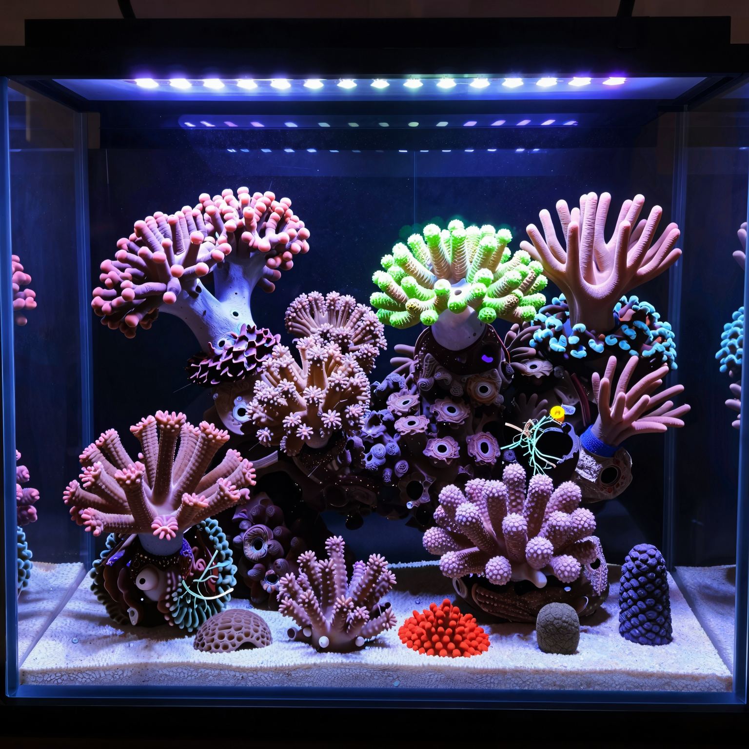 A medium-sized, well-established reef tank showing vibrant corals and soft polyps under the glow of high-end LED lighting fixtures.