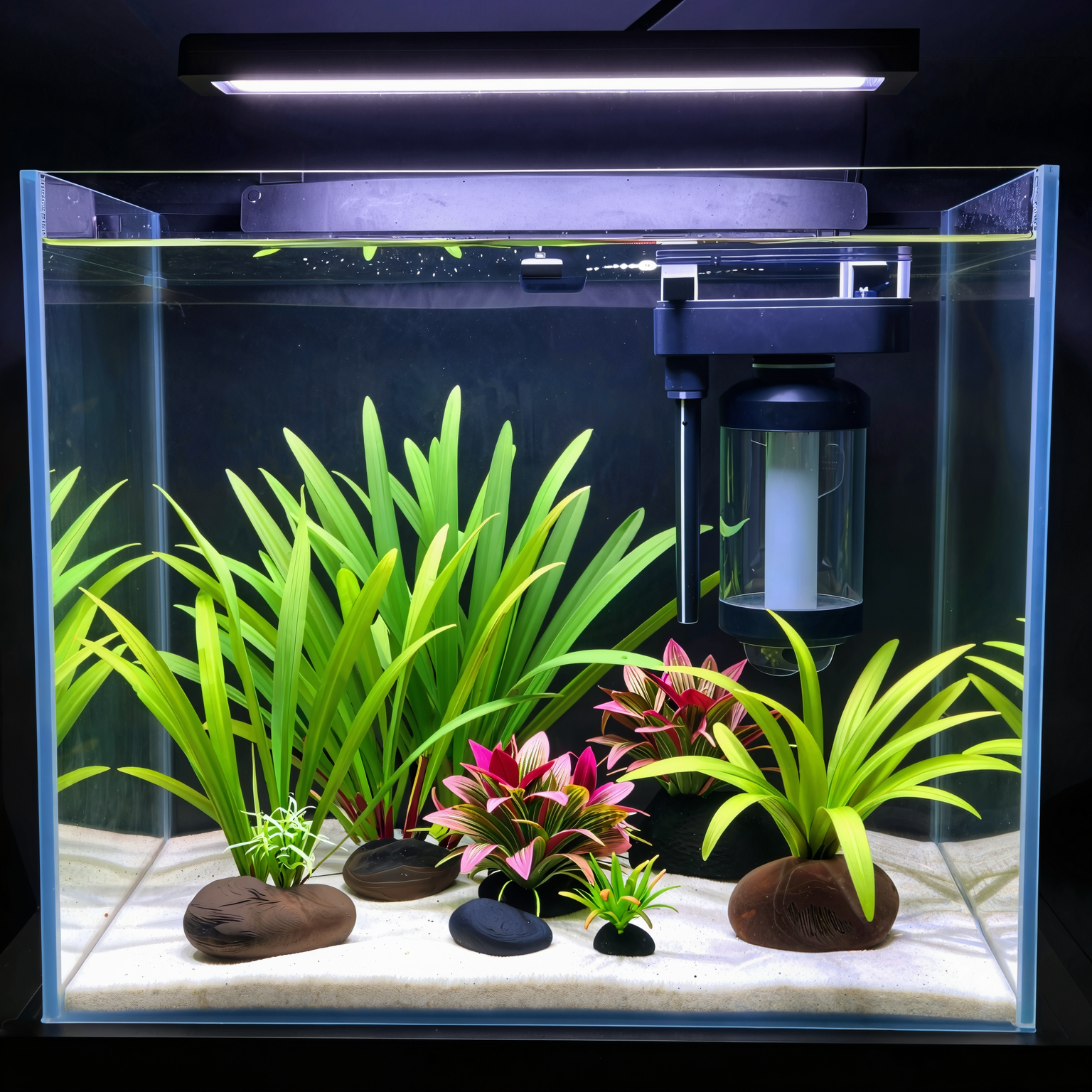 A small, well-lit 10-gallon freshwater aquarium with vibrant healthy plants and a visible external canister filter running in the background.