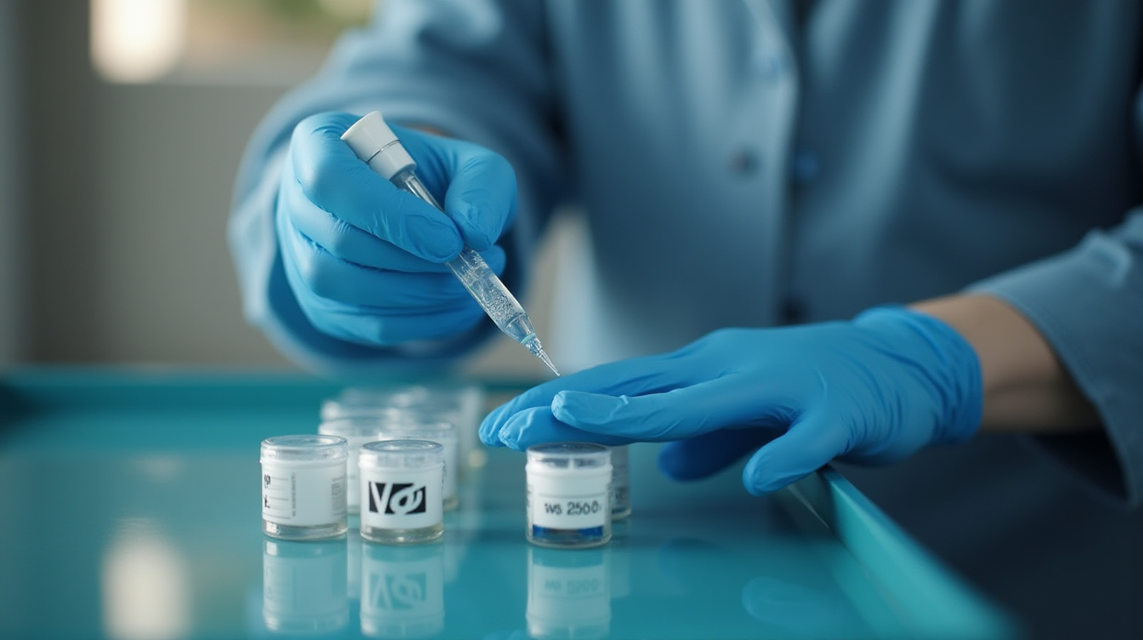 Hands-on technique: A pair of glovesed hands carefully using a pipette to take a sample water reading from an aquarium test kit.