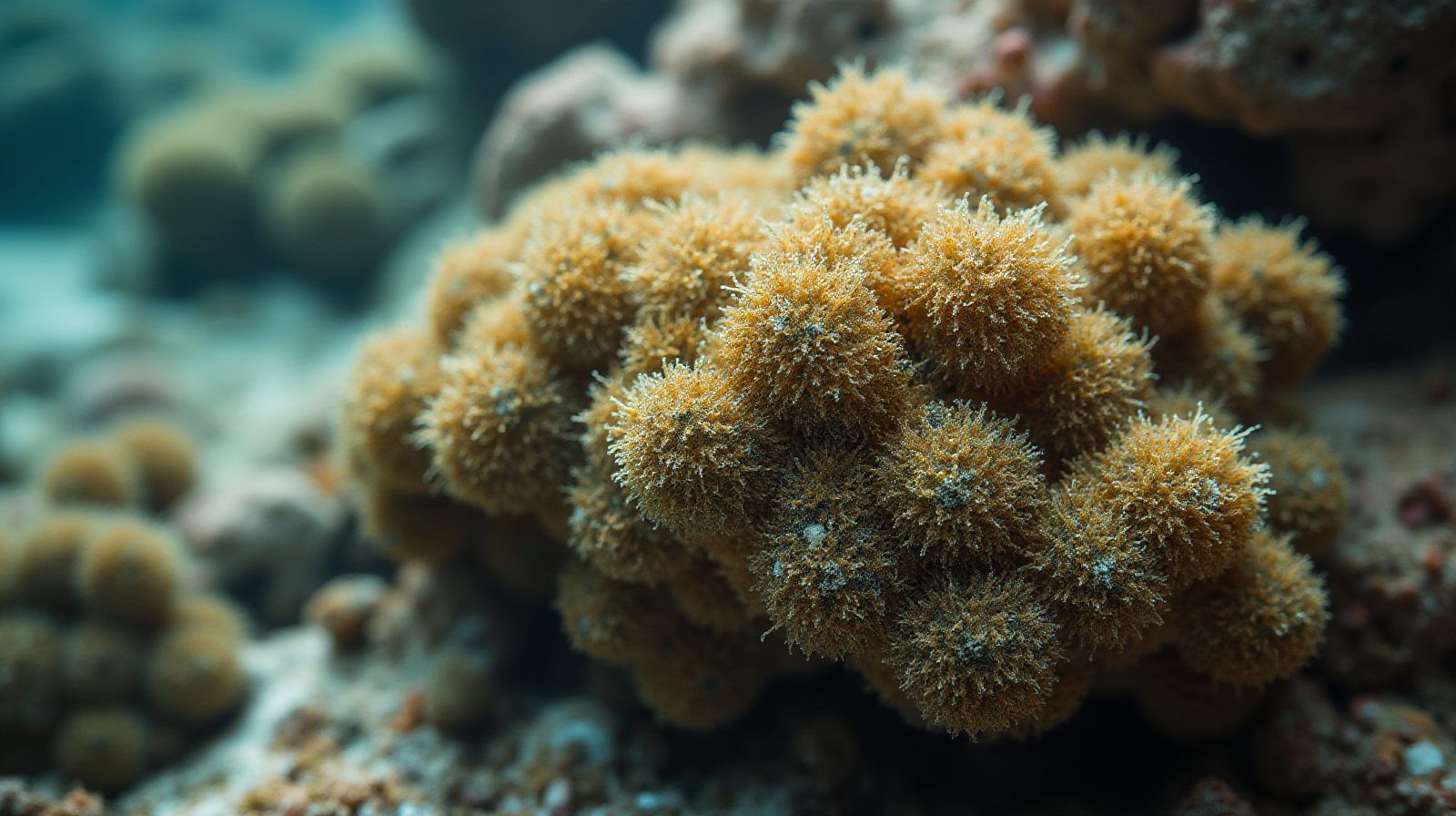 A close-up shot showing a small section of live coral rockwork with visible macroalgae growth needing manual trimming by specialized tools.