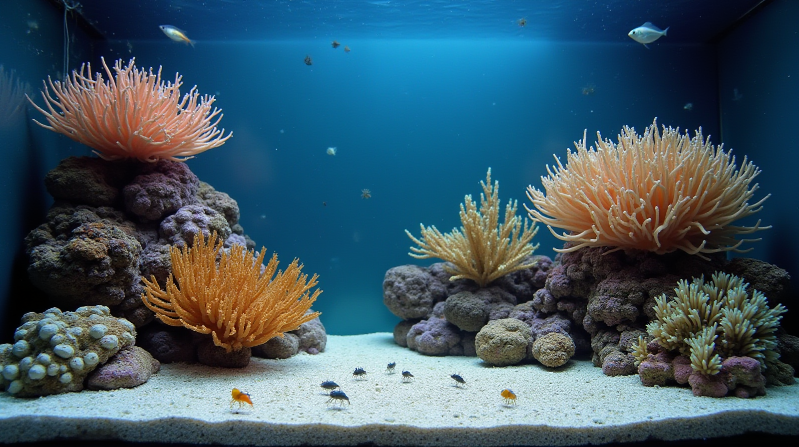 A wide establishing shot of a healthy, established saltwater reef tank showing diverse corals and some small cleaner shrimp swimming near the substrate.