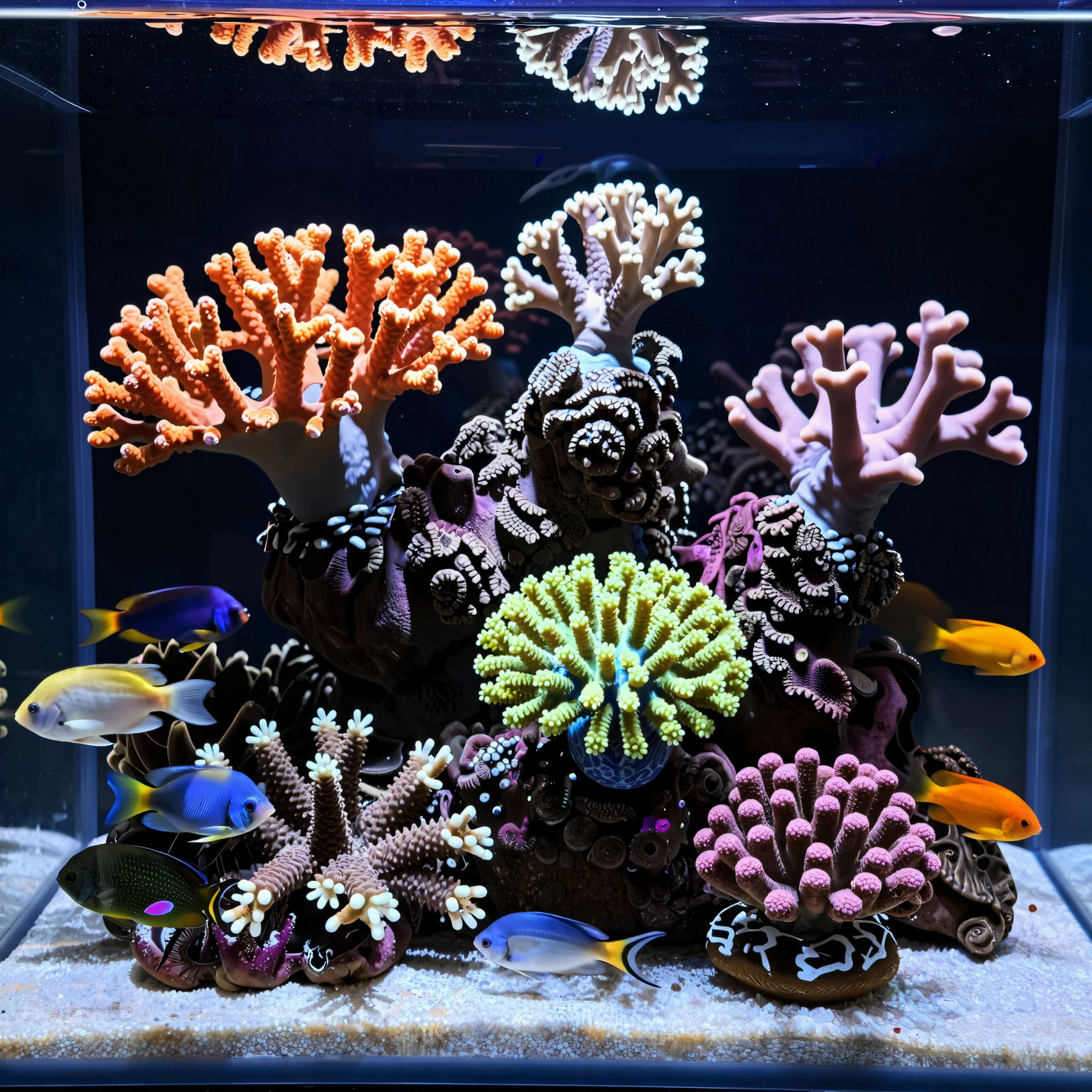 A close-up shot of a well-maintained, mid-sized reef tank showing vibrant corals and healthy fish, with visible water clarity that suggests proper chemistry management.
