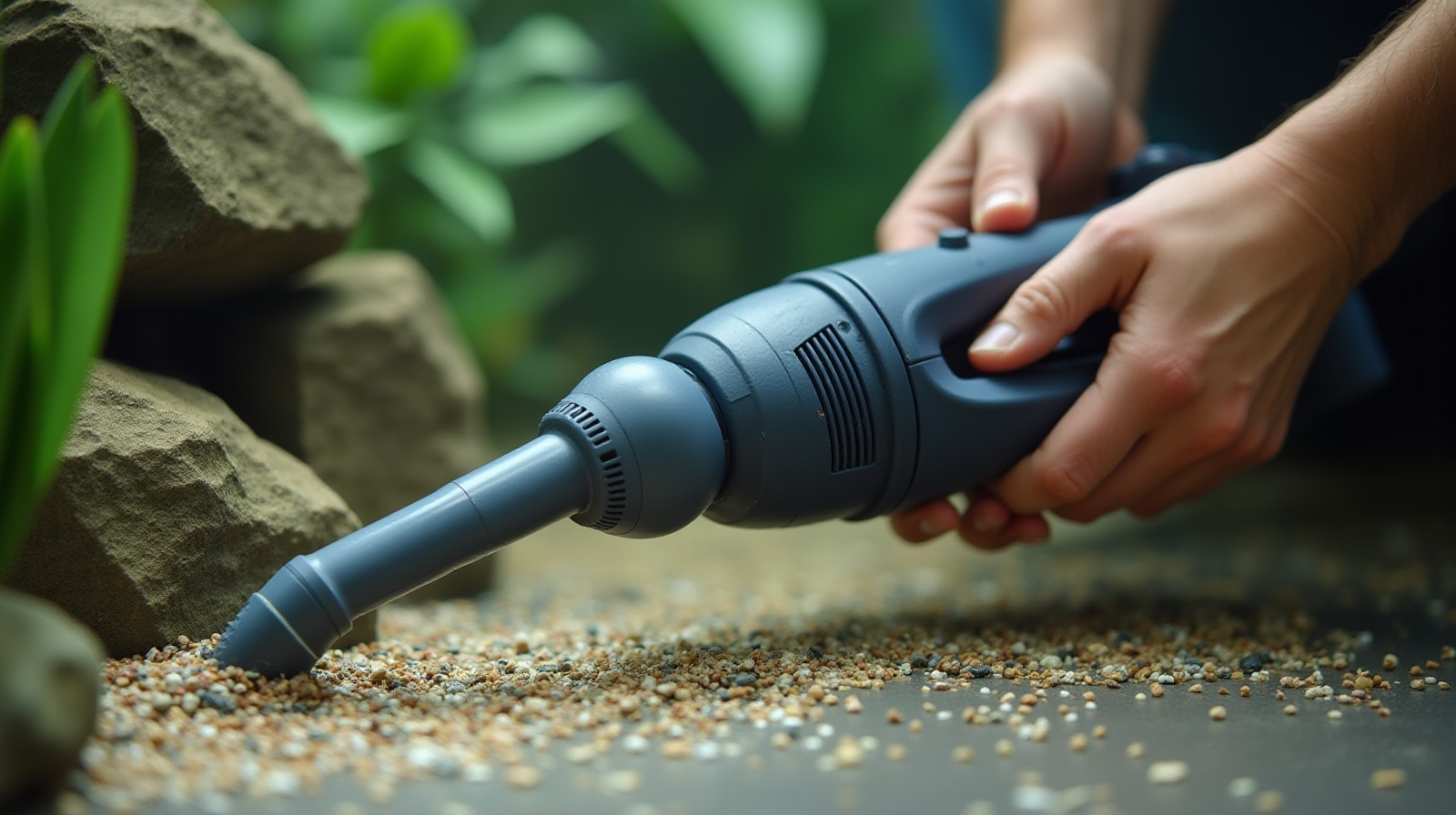 A pair of hands carefully using an aquarium siphon or gravel vacuum cleaner on the substrate area near rockwork.