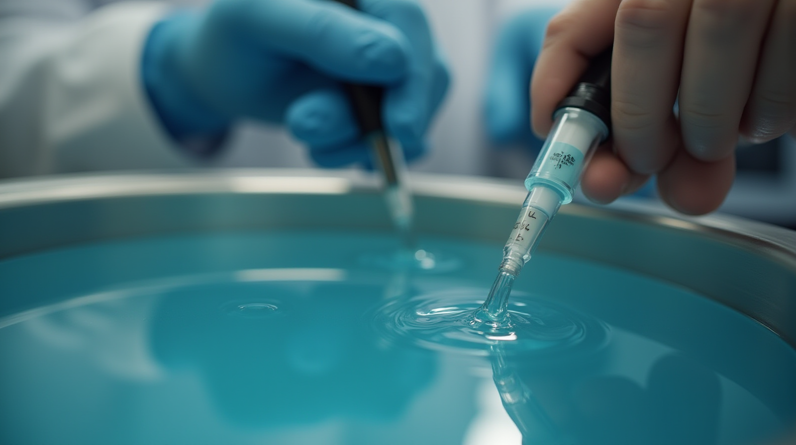 Close up view focusing sharply on a specific piece of testing equipment, like a pH probe being dipped into tank water by gloved hands.