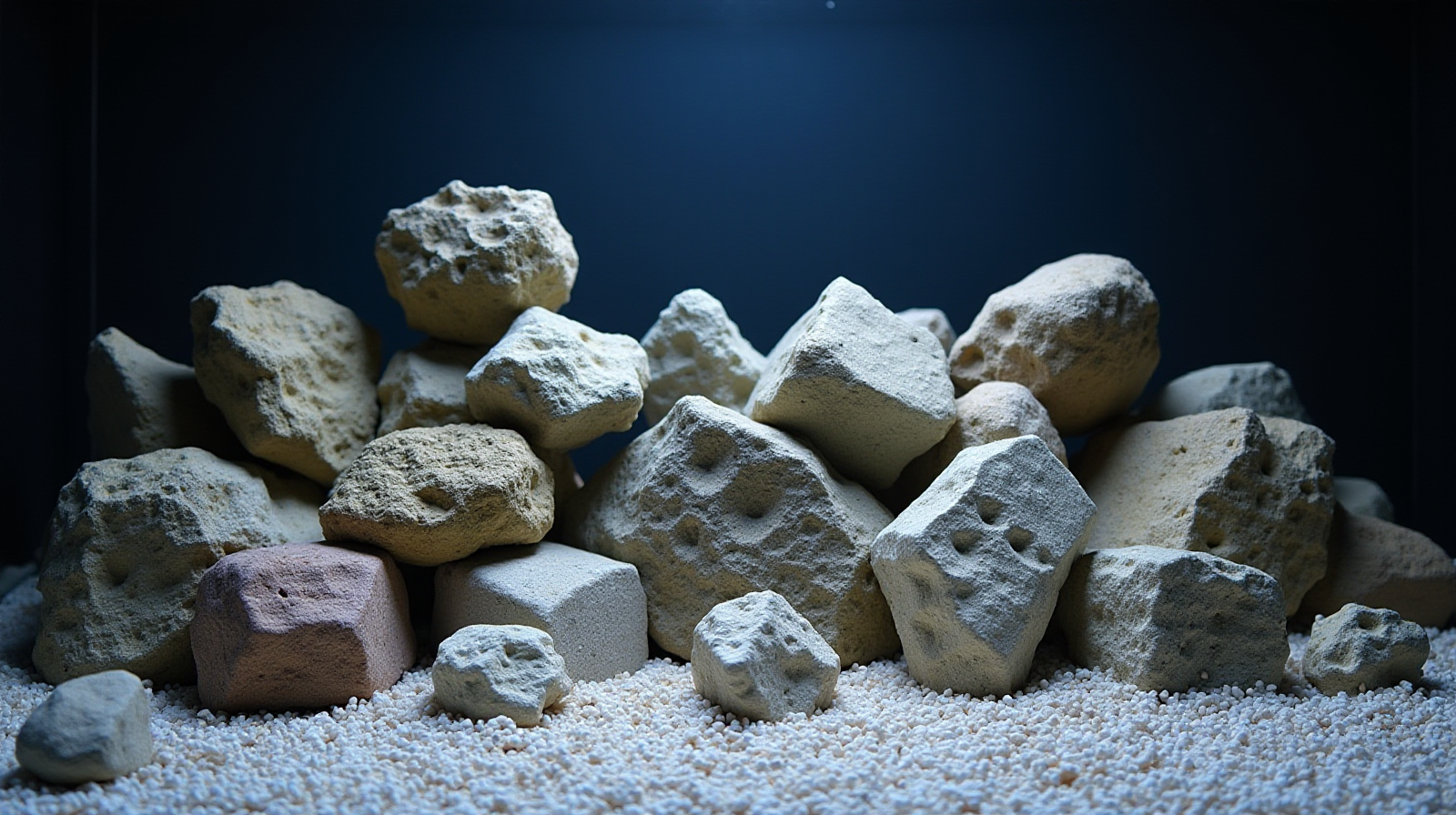 A medium shot showing several different types of mature live rock pieces stacked and arranged within the empty foreground area of a reef tank setup, awaiting placement.