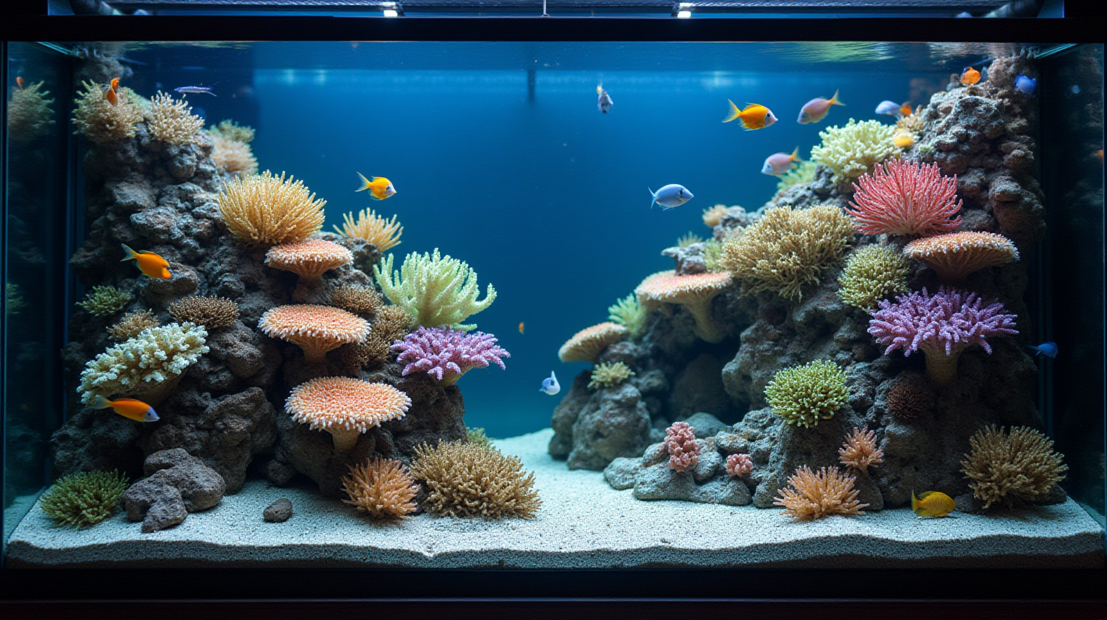 A wide establishing shot of a healthy, established reef tank showing diverse corals and some colorful damselfish swimming naturally throughout the structure.