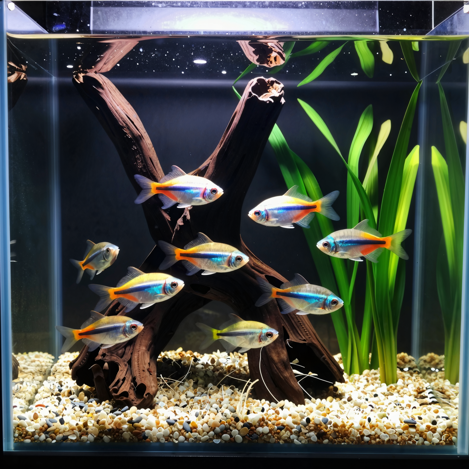A small, well-planted freshwater aquarium showing vibrant tropical fish (like tetras) calmly schooling near driftwood and Amazon swords, with clear water and visible gravel substrate.