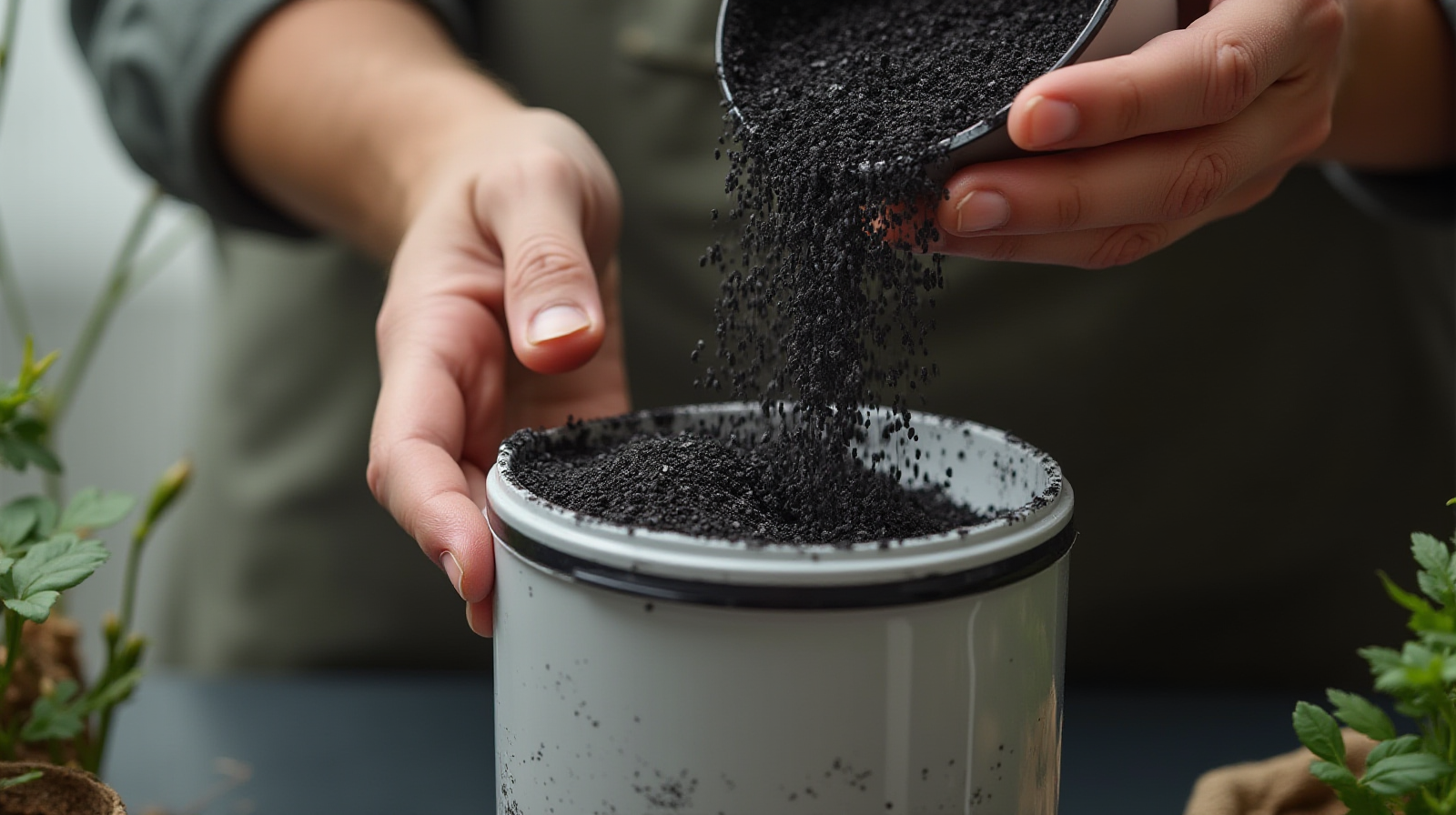 A pair of hands carefully pouring granular activated carbon into a filter basket or cartridge housing.