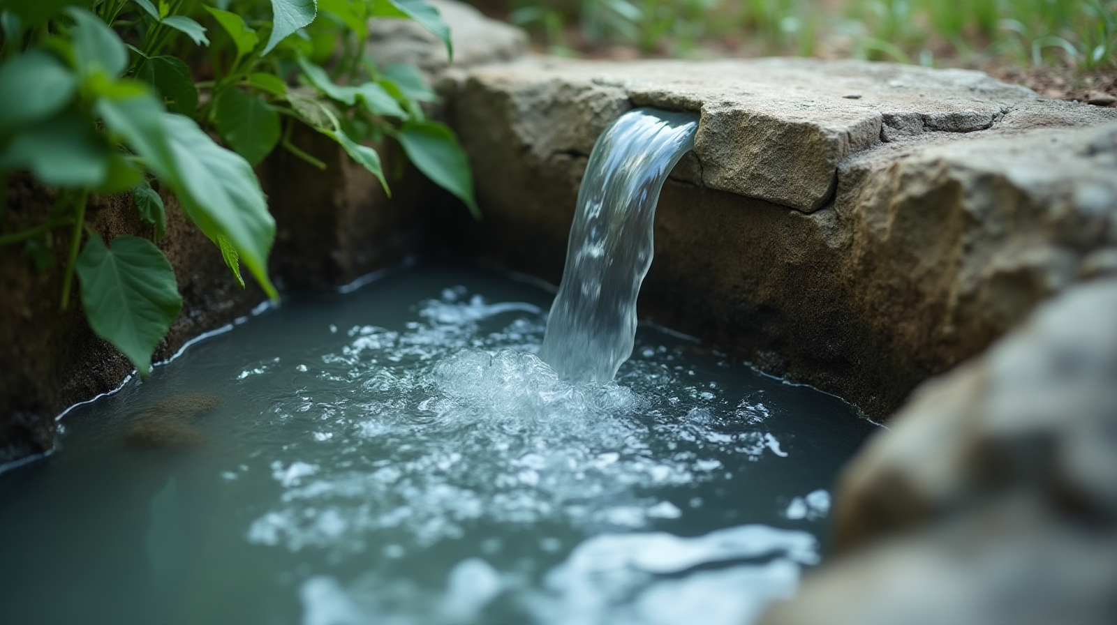 A close-up shot showing the clear water flowing out of an established sump return line, viewed through clean acrylic.