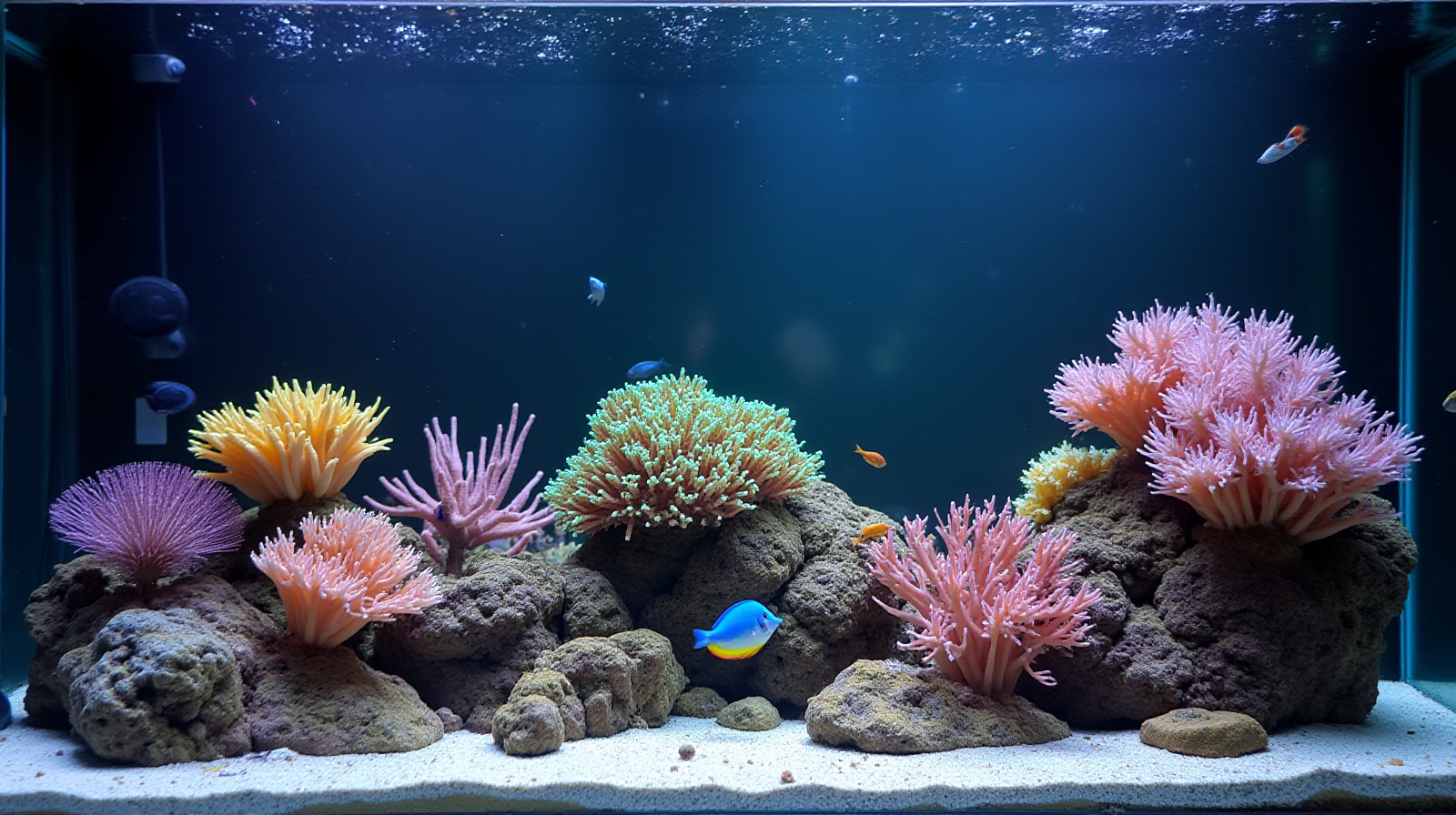 A moderately sized, established saltwater reef tank showing vibrant LPS corals and some colorful damselfish swimming near large pieces of live rock.
