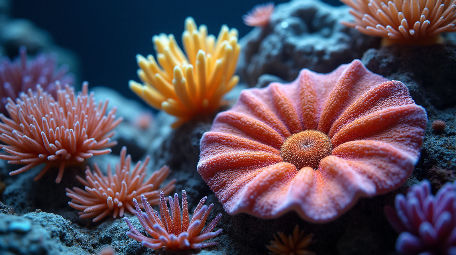 A close-up shot of various types of healthy marine corals showing vibrant color against contrasting live rock background.