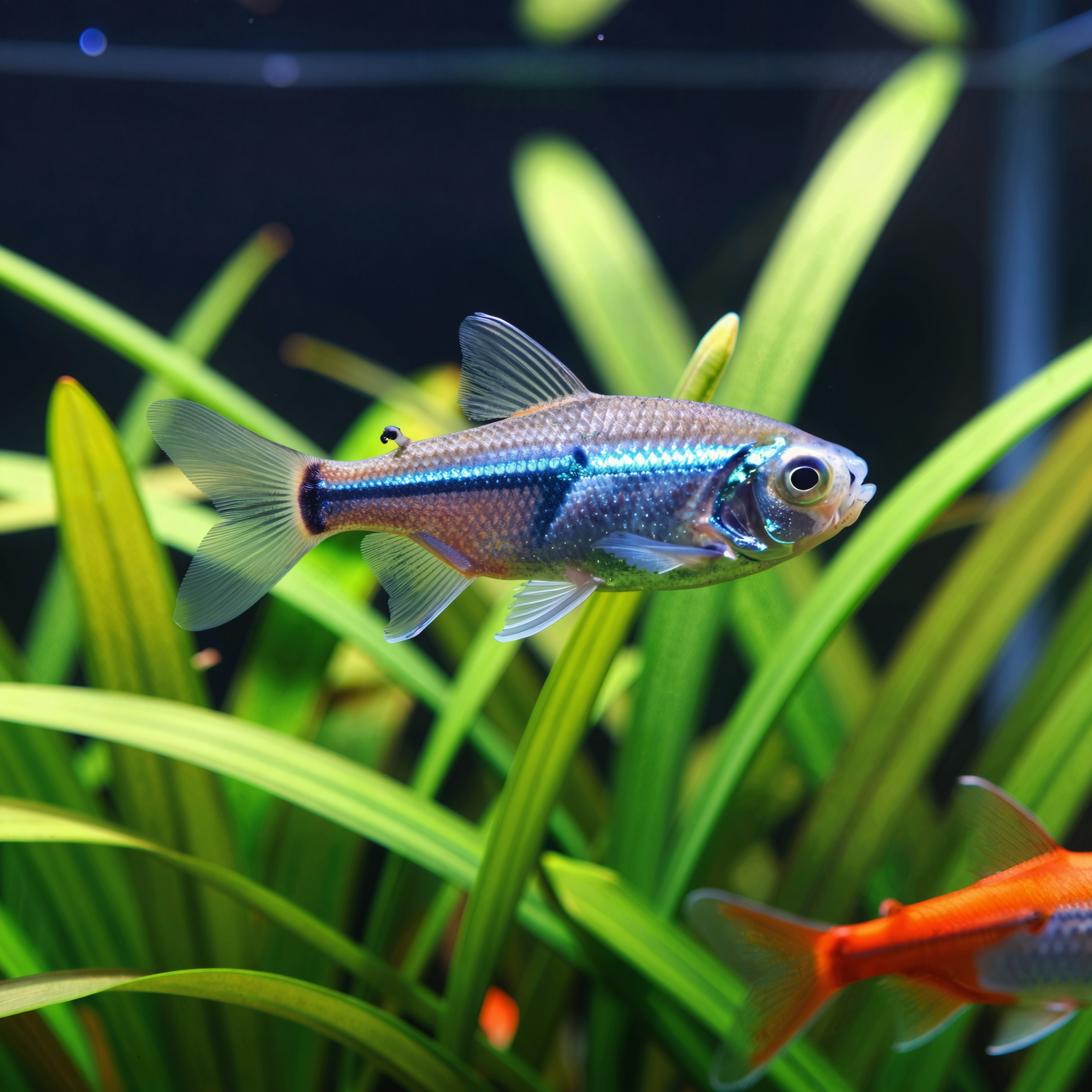 A close-up shot of a healthy freshwater fish swimming near vibrant, lush foreground plants in an established 10-gallon glass aquarium.