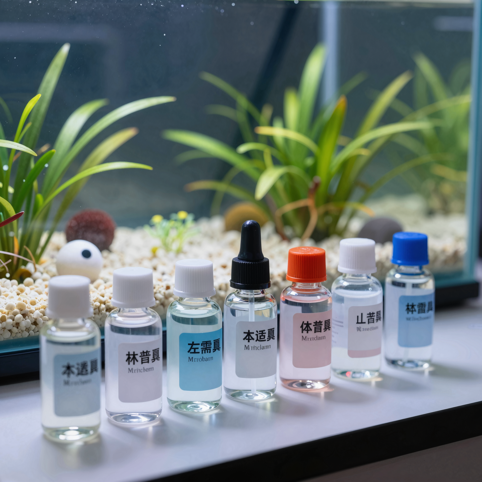 An assortment of small bottles containing water testing chemicals and reagents lined up on a workbench.